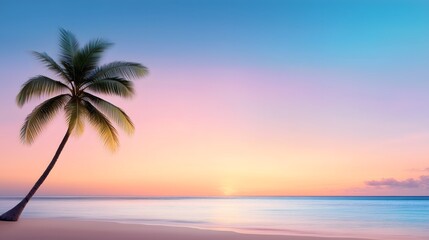 Tropical Beach Sunset with Palm Tree Silhouette, Serene Ocean and Colorful Sky, Vacation Concept.