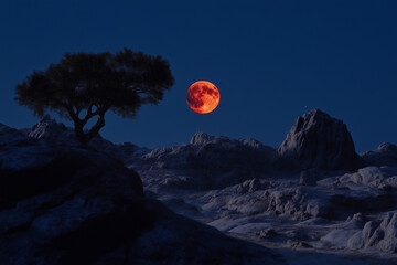 Stunning Lunar Eclipse Over a Moonlit Landscape