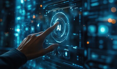 A person is interacting with a luminous artificial intelligence interface featuring various data points and digital elements.