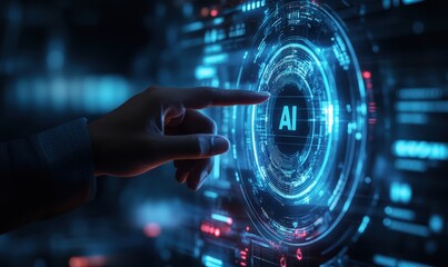 A person is interacting with a luminous artificial intelligence interface featuring various data points and digital elements.