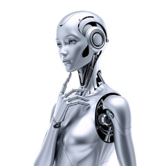 beautiful female humanoid robot stands thoughtfully in thinker pose holding hand near face isolated on transparent background