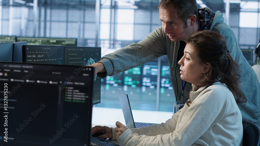 Poster it technicians in server farm brainstorming ways to repair equipment storing datasets. colleagues at