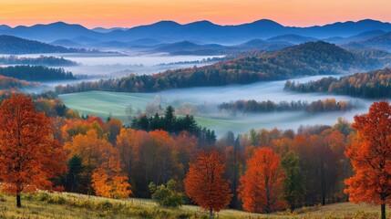 Obraz premium Serene Autumn Landscape with Colorful Foliage and Misty Mountains