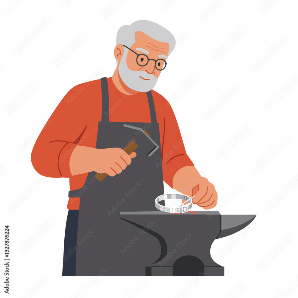 Poster skilled blacksmith using hammer on anvil in flat vector art style