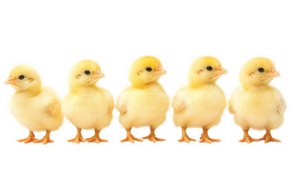 a row of five fluffy yellow chicks standing side by side against a white background showcasing their adorable and playful nature
