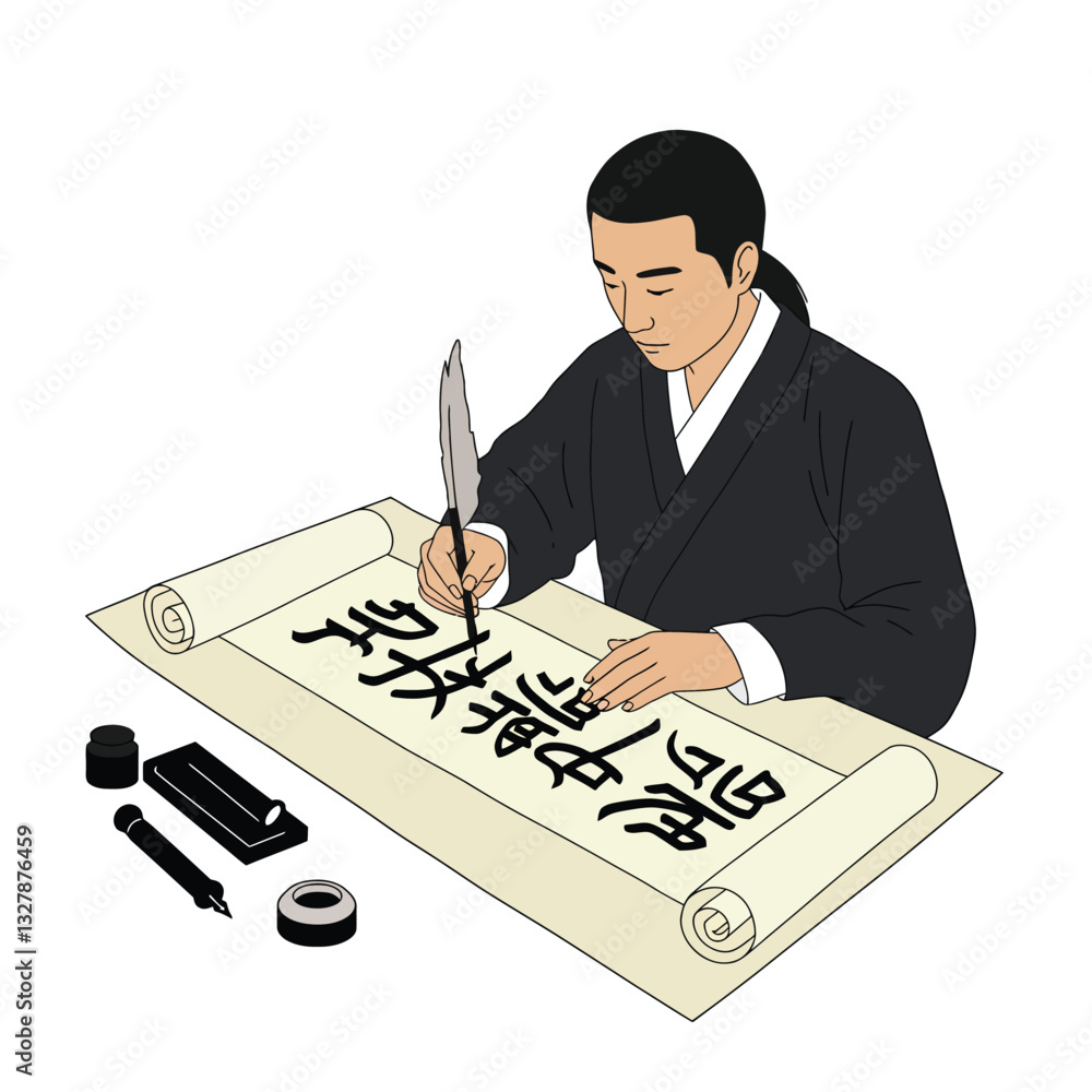 Poster man writing calligraphy on scroll in minimal style vector art