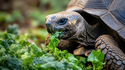 Obraz premium A detailed close up shot of a tortoise eating leafy greens