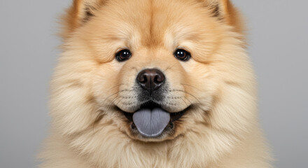 Obraz premium A Fluffy Chow Chow Dog With A Charming Blue Tongue Poses Against A Simple Gray Backdrop, Showcasing Its Sweet And Gentle Nature