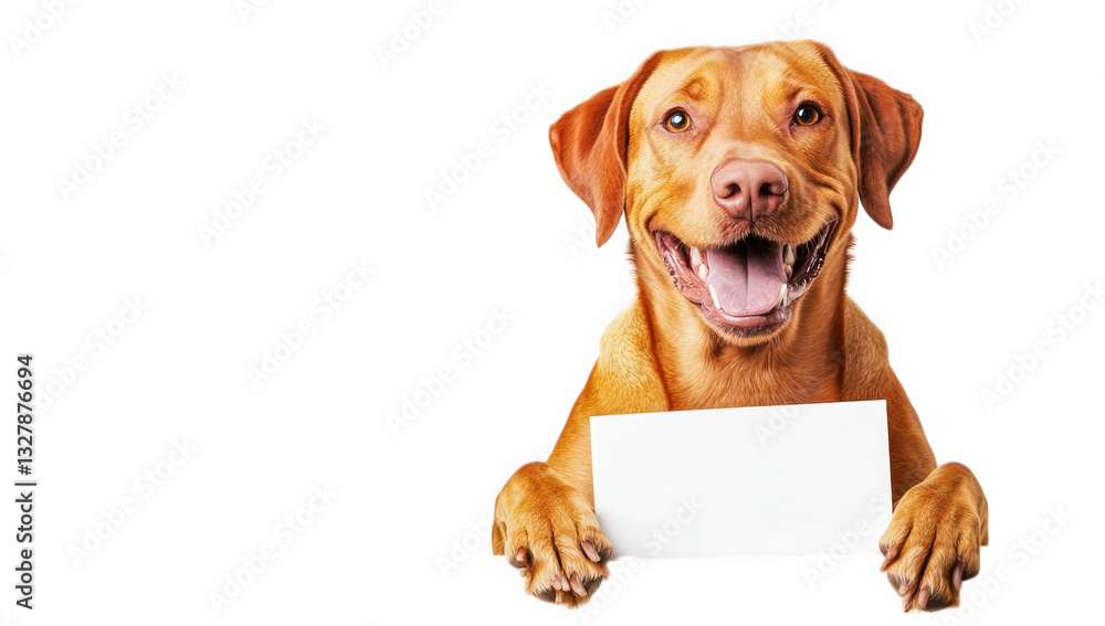 Poster a cheerful dog with a big smile is holding a blank sign inviting viewers to engage or share a messag