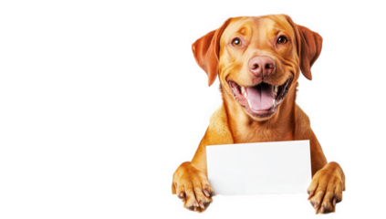 a cheerful dog with a big smile is holding a blank sign inviting viewers to engage or share a message the background is minimalistic emphasizing the dog's joyful expression
