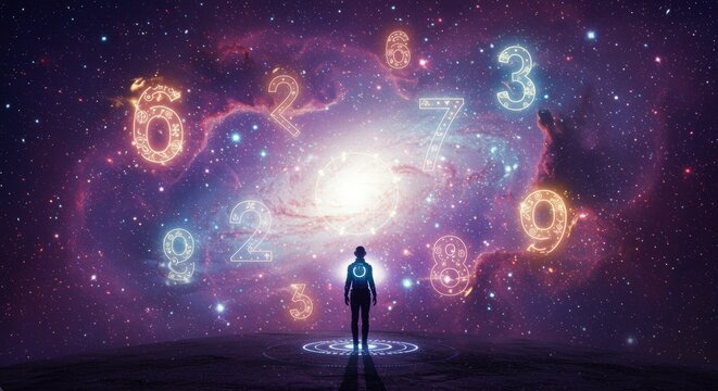 A lone figure stands on a planet, gazing at a starry cosmos filled with luminous numbers and symbols, inspiring curiosity and the exploration of the universe's mysteries.