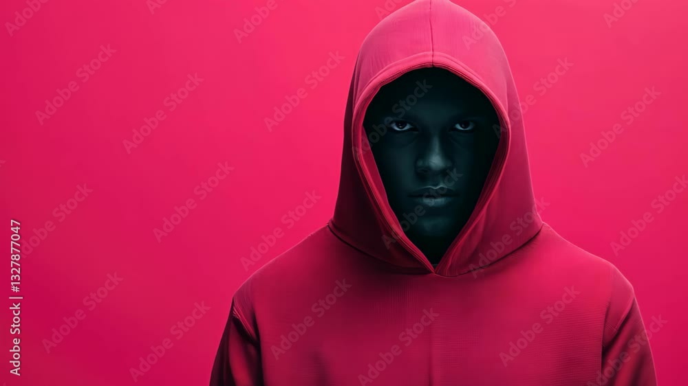 Aufkleber mysterious hooded figure representing cybersecurity and cybercrime concepts in red hoodie on solid r