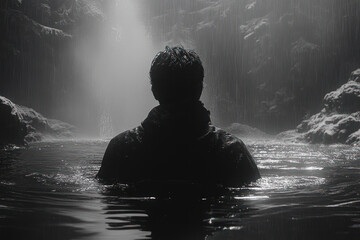 Obraz premium silhouette of a man standing shoulder-deep in water in front of a majestic waterfall. 