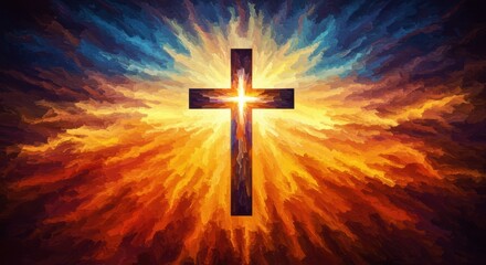 Fototapeta premium A vibrant cross illuminated by radiant light against a backdrop of swirling colors, symbolizing hope, faith, and spirituality in a stunning visual theme.