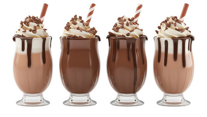four delicious chocolate milkshakes in clear glasses each topped with whipped cream chocolate drizzle and sprinkles showcasing a tempting dessert experience