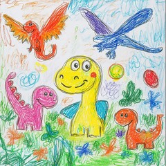 Fototapeta premium A colorful crayon drawing featuring multiple friendly dinosaur characters