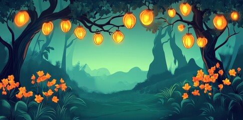 Luminous lanterns hanging from trees illuminate a mystical forested landscape setting
