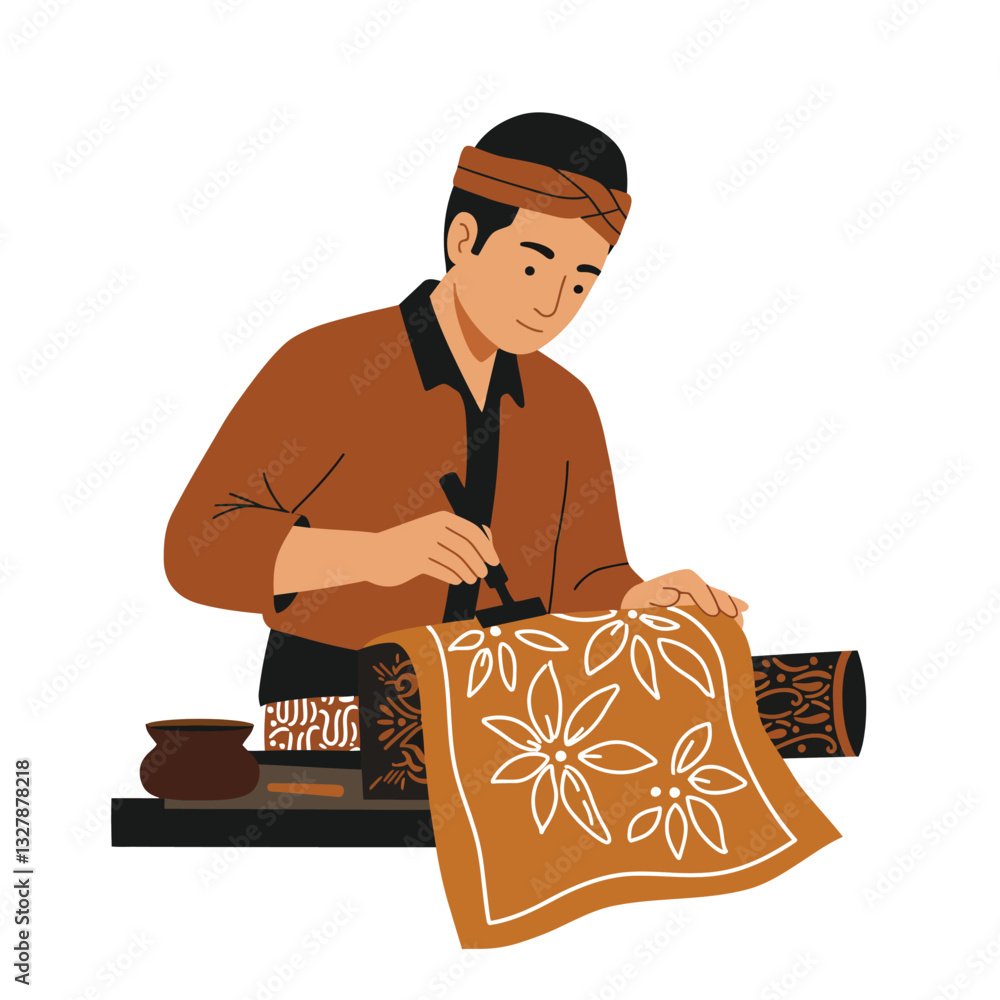 Poster artisan creating intricate patterns on fabric using traditional techniques in flat vector art