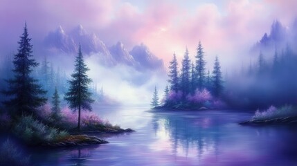 Fototapeta premium Serene Mountain Landscape with Mist and Reflections at Dawn