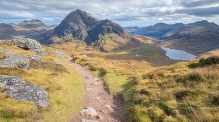 Serene Mountain Landscape with Pathway and Calm Water View
