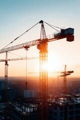 Fototapeta premium Cranes dot the skyline at construction site