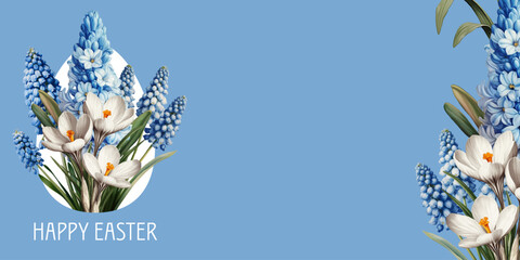 Happy Easter greeting card. Vector illustration with blue and white first spring flowers.