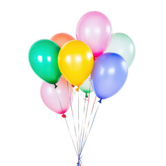 a colorful bunch of balloons featuring various pastel shades tied together with strings suggesting celebration and festivity