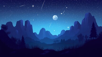 Naklejka premium Serene Night Landscape with Mountains and Starry Sky at Dusk