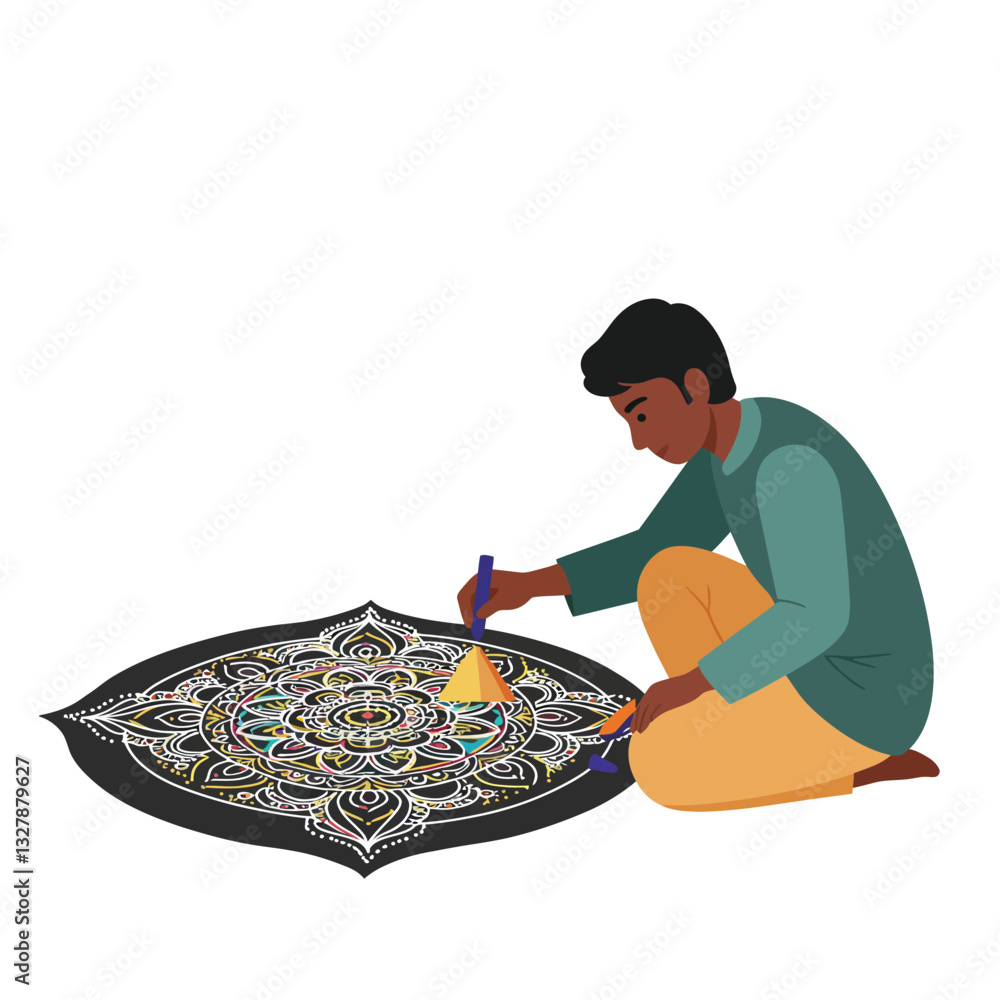 Poster man creating intricate colorful design with vibrant patterns in flat vector art