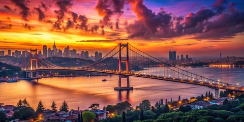 Naklejka premium Istanbul Bosphorus Bridge Sunset Panoramic - Turkey