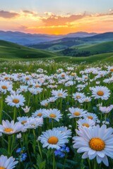 Obraz premium White flower meadow on mountain landscape.