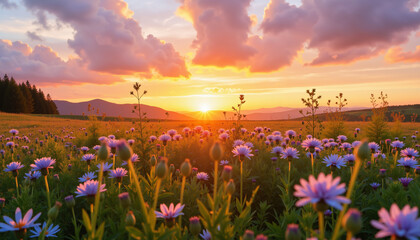 Naklejka premium Beautiful purple flowers blooming in a vibrant sunset landscape, evoking tranquility and the beauty of nature.