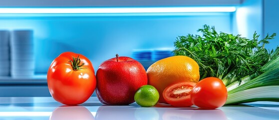 Vibrant Fresh Produce Still Life: A Colorful Array of Tomatoes, Apple, Orange, Lime, and Parsley