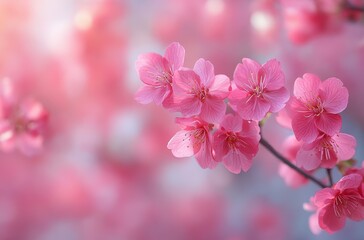 Obraz premium Delicate pink cherry blossoms in soft focus, enchanting spring blossoms, nature’s beauty with blurred background and vibrant colors, floral elegance