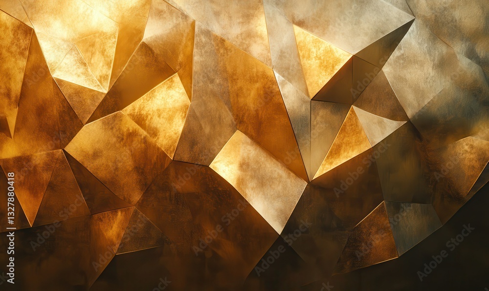 Poster intricate faceted gold shapes illuminated by soft light, creating depth and a luxurious modern abstr