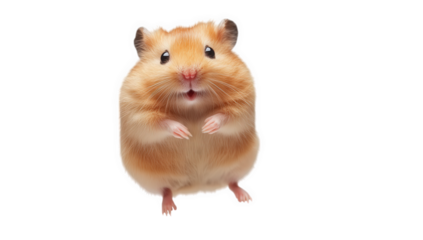 a cute fluffy hamster appears to be jumping in mid-air showcasing its round body and expressive face evoking a sense of joy and playfulness