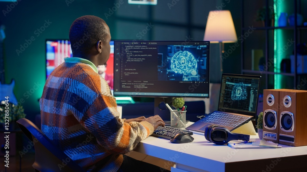 Poster professional male developer manages neural network at desk, working with ai code on laptop. african 