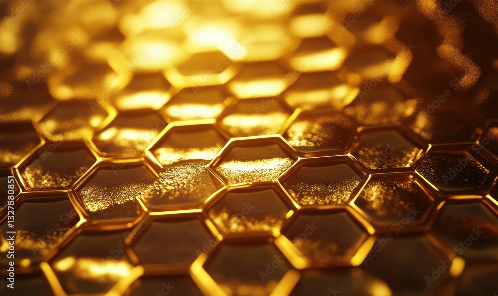Poster macro shot of golden honeycomb-like patterns illuminated by warm natural light creating a striking a