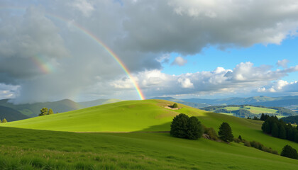 Obraz premium Breathtaking landscape with a vibrant rainbow arching over lush green hills and dramatic clouds, capturing the essence of nature's beauty and tranquility.