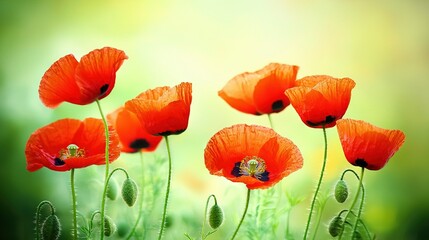 Fototapeta premium A red flower sits atop a lush green field, surrounded by other flowers A bee buzzes around the center