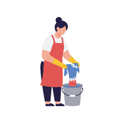 Woman washing clothes with bucket in minimal flat design vector art