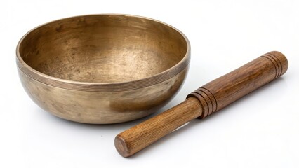 Singing Bowl with Wooden Striker on White Background