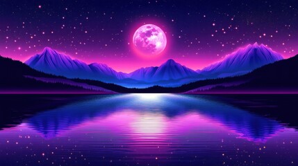 Fototapeta premium Surreal Mountain Landscape with Full Moon and Starry Night Sky