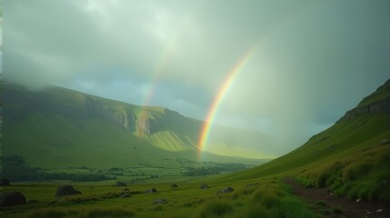Magical Irish Landscape with a Misty Green Valley, a Vibrant Rainbow, and a Hidden Pot of Gold Guarded by a Mischievous Leprechaun