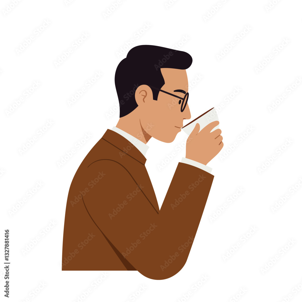 Poster man enjoying coffee while wearing a suit in minimal flat vector art
