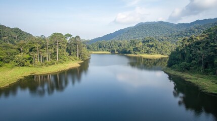 Fototapeta premium Tranquil Lake Surrounded by Lush Green Forest and Majestic Mountains