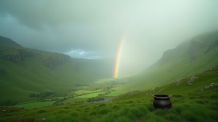 Magical Irish Landscape with a Misty Green Valley, a Vibrant Rainbow, and a Hidden Pot of Gold Guarded by a Mischievous Leprechaun