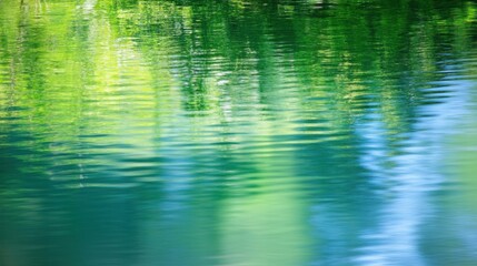Tranquil Reflection of Lush Greenery on Calm Water Surface