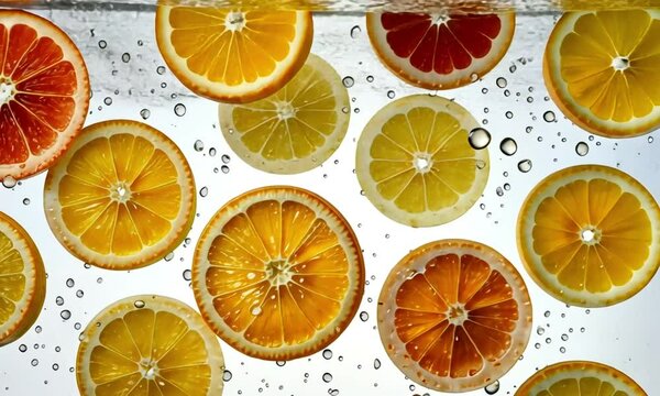  Fresh Citrus Slices in Water with Droplets


