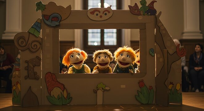 Adorable puppets performing in a handmade cardboard theater fun art red fun show cute kids play toys